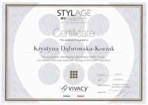Certyfikat uczestnictwa w VIVACY Theory and Injection Technique Advanced Training on STYLEAGE&copy; indications